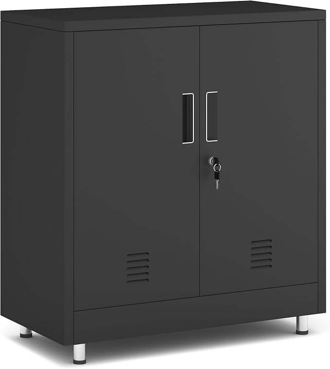 JINGUR Metal Storage Cabinet with Locking Doors and Adjustable Shelf, Small Lockable Sideboard Buffet Cabinet for Home Office Hallway Entryway Living Dining Room (Black)