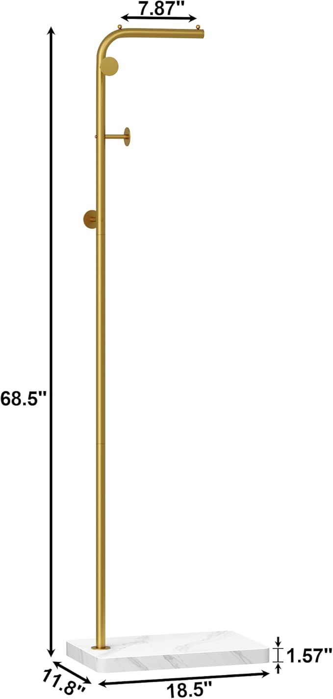 HOMEFORT Metal Coat Rack, Modern Coat Tree with 3 Hooks, L Shaped Coat Hanger Stand, Freestanding Coat Rack for Entryway and Corner, Gold