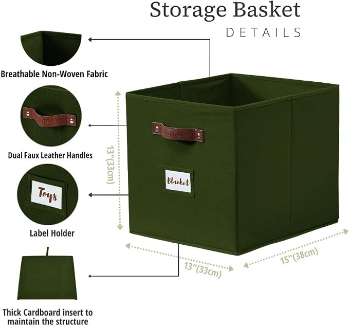 DECOMOMO Storage Bins, Storage Baskets for Shelves | 13" x 15" x 13" Storage Cube Bins with Labels for Organizing Shelves (Kallax, 4pcs, Olive Green)