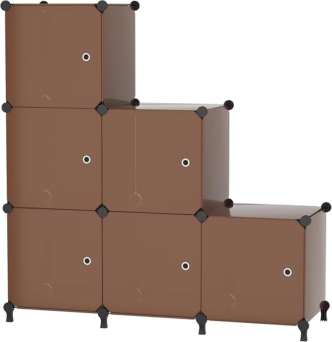 6Cube Storage Organizer Modular Stackable with Doors Brown | Sturdy plastic 6-cube cabinet with doors, 30x30x30cm per cube, tool-free snap assembly, ideal for bedroom, stairs, closet.