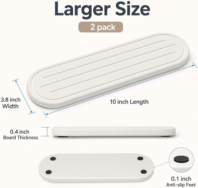 2PCS Water Absorbing Stone Drying Tray Mat for Bathroom Sink & Kitchen Counter Faucet Organizer Decor, Quick Dry Dish Soap Dispenser Sponge Holder, Vanity Sink Caddy Coaster,White -10"*3.8"