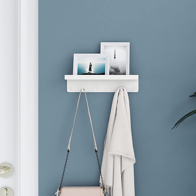 MKO Key Holder Wall Mount, Adhesive Key Hanger with 6 Hooks for Wall, White | Metal Material, Key Rack with Shelf, Wall Mount, Mail Organizer Tray, Suitable for Entryway, Hallway, Living Room