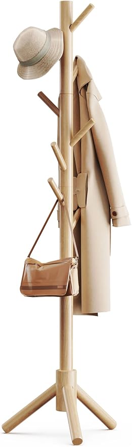 Pipishell Solid Wooden Coat Rack Freestanding, Hall Tree with 8 Hooks, 3 Height Options for Coats, Hats, Handbags, and Scarves, Tool-Free Assembly, Space Saving Design for Entryway, Office, Bedroom