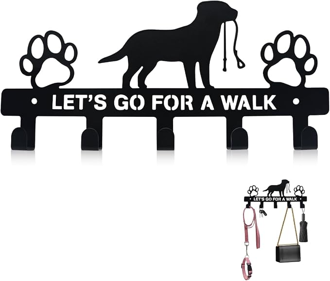 Dog Leash Holder for Wall, Key Holder Mount with 5 Metal Hooks, Pet Leash and Key Organizer, Screw Mounted Rack for Leashes Keys Collars, Entryway Garage Mudroom