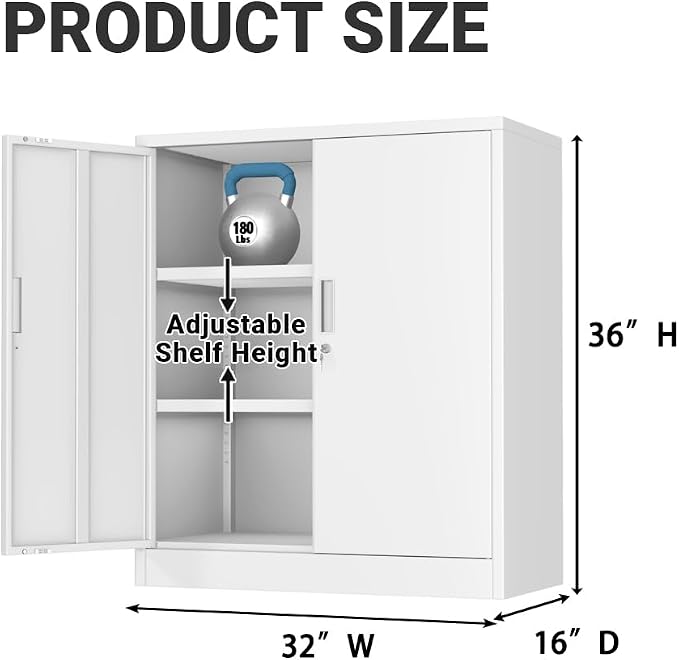 CJF Metal Storage Cabinet, 36" H Locking Storage Cabinet with Shelves and Doors for Home Office, Garage, Utility Room, Entryway(White)