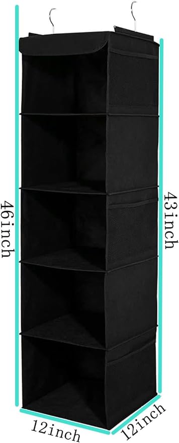 BrilliantJo 2 Pack Hanging Closet Organizer, 5 Shelves Hanging Storage with 6 Side Pockets for Clothes Shoes, 43"x12"x12"(Black)