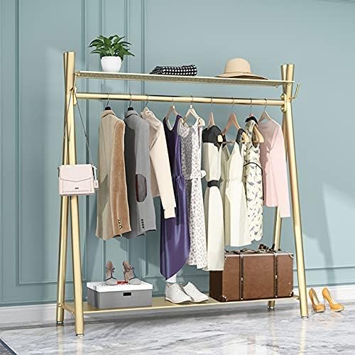 Clothes rack Gold, Freestanding Industrial Garment Rack with Double shelves, Multi-functional Hanging Clothing Rack, Heavy Duty Clothes & Shoe Organizer for Bedroom (59'' L)