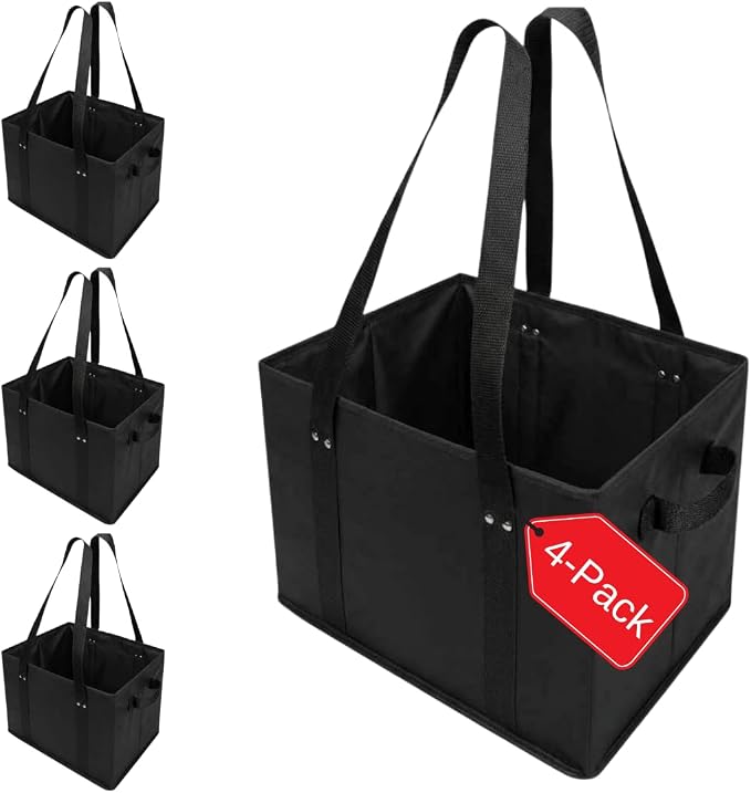 BAG-THAT! 4pk Reusable Grocery Bags Shopping Bags Tote Box Large Heavy Duty Groceries Bag Handles Foldable Reinforced Bottom (Black)
