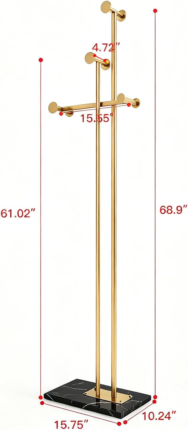 Metal Coat Rack Freestanding for Entryway (Gold) | Heavy Duty, Marble Base, Metal Frame, Essential Items Organizer for Clothes Bags, for Bedroom Living Room Hotel