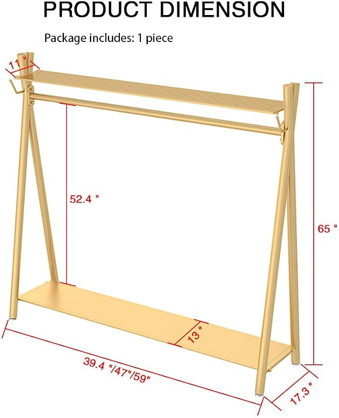 Clothes rack Gold, Freestanding Industrial Garment Rack with Double shelves Multi-functional Bedroom Hanging Clothing Rack,Heavy Duty Coat Rack Organizer for Bedroom Shoes 1 pack (39'' L)