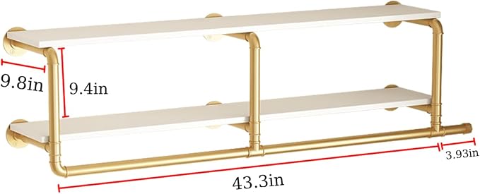 ORSENIGO Industrial Pipe Clothing Rack with Shelves, Gold Wall Mounted Clothes Rack Heavy Duty Display Garment Rack for Home Retail