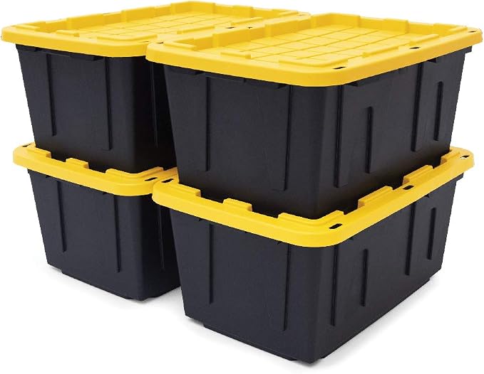 CX Heavy Duty 4-Tier Garage Storage Shelves + 4-pack 27-Gallon Bins & Lids | Garage organizing system with 4-tier shelf + 4 plastic 27-gal totes, 200 lbs/shelf, 50.1H x 48W x 20D, Black & Yellow