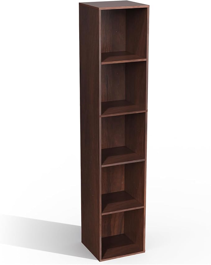 5 Cube Storage Organizer, Narrow Open Shelf Bookcase, Freestanding 5 Tier Low Display Bookshelf for Home Office, Living Room, Bedroom, Dark Brown & Black Walnut