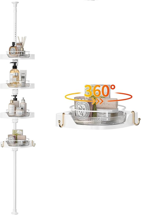 akinbas 360° Rotating Shower Caddy Tension Pole with 4-Tier Rustproof Lazy Susan 35-128 Inch No Drilling Coner Shelves Adjustable Shower Rack for Bathroom Bathtub Washbasin Plant Storage (White)
