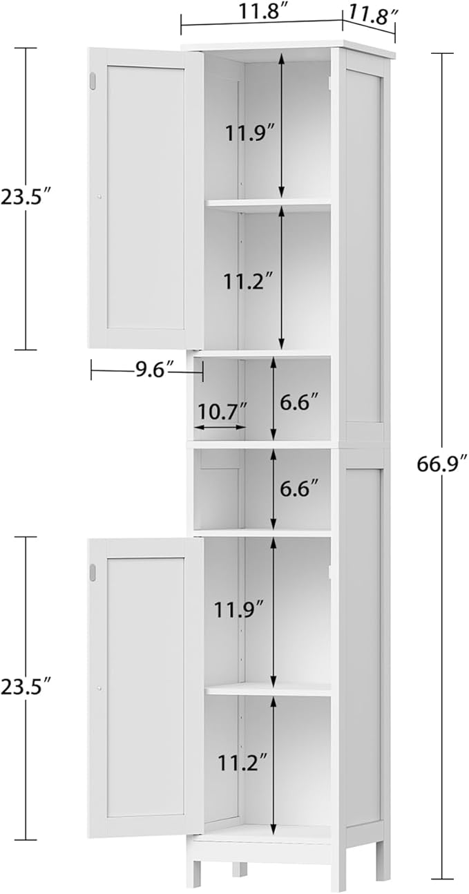67" Tall Bathroom Cabinet with Adjustable Shelves and Doors, Narrow Bathroom Storage Cabinet for Small Space, Living Room, Entryway, Kitchen, White