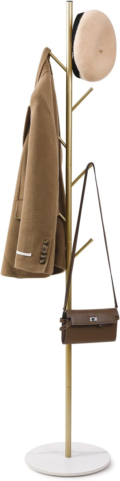 Freestanding Coat Rack with Marble Base, 4 Height Adjustable Standing Metal Coat Tree with 7 Hooks, Space-Saving Hat Clothes Coat Stand for Entryway, Bedroom, Office (Gold)