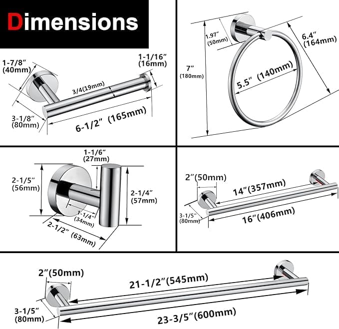 12 Pieces Polished Chrome Bathroom Hardware Accessories Set Hand Towel Ring 16&23.6 inch Round Towel Bar Toilet Paper Holder Towel Hooks 4 Pieces SUS 304 Stainless Steel,Heavy Duty,Wall Mounted