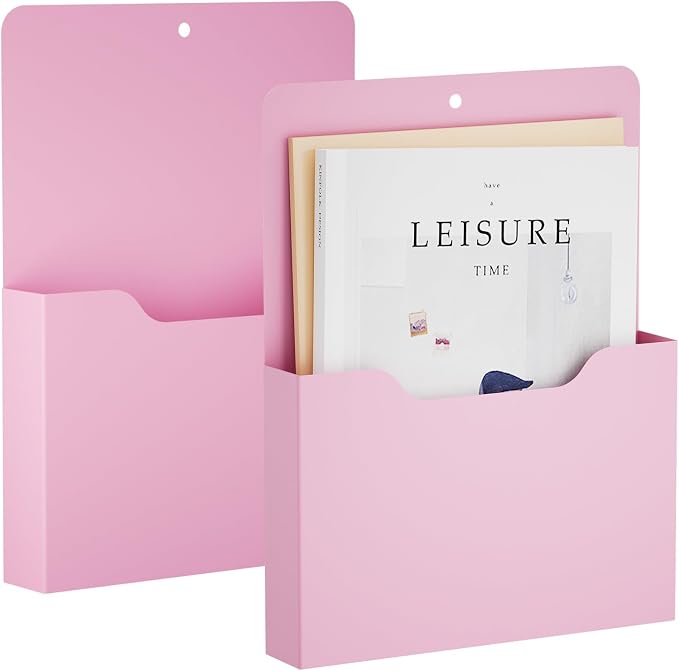 Marbrasse 2 Pack Magnetic File Holder - Paper Holder, Pocket Organizer,Hanging Wall File Organizer Office Supplies Storage, Magazine Mail Organizer Case for Notebooks,Planners,Letter (Pink)