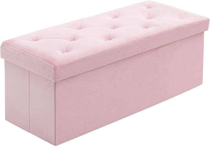 BRIAN & DANY 43 Inches Folding Storage Ottoman Bench, Velvet Ottoman with Storage for Living Room, Bedroom, Entryway, Ottoman Foot Rest, End of Bed Bench (Pink)
