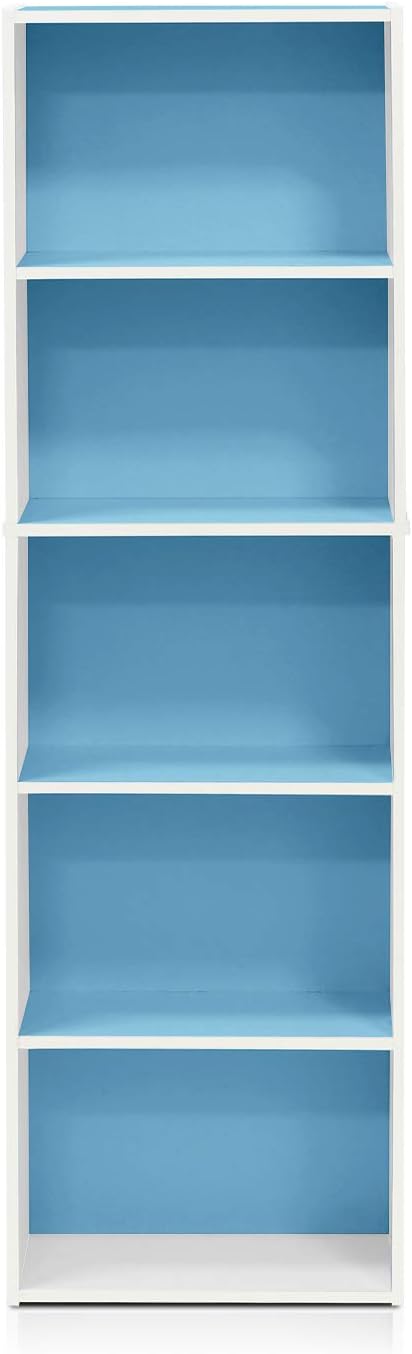 Furinno LUDER Book Shelf, 5-Tier Bookshelf, Bookcase with Open Shelves, 9.4 x 15.8 x 52, Easy Assembly, for Living Room, Bedroom, Home Office, White/Light Blue