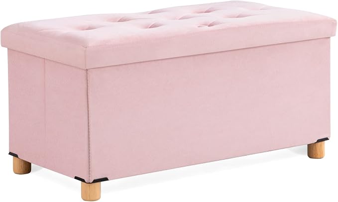 BRIAN & DANY 30 Inches Folding Storage Ottoman Bench, Ottoman with Storage for Living Room, with Wooden Feet and Lid, Pink