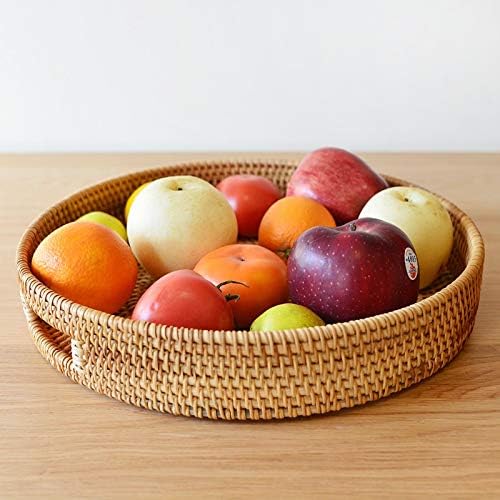 Round Rattan Serving Tray Decorative Woven Ottoman Trays with Handles for Coffee Table Natural (Small 11.8 inch x 2 inch)