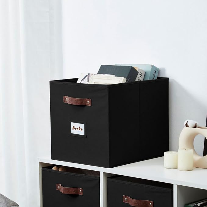 DECOMOMO Storage Bins, Storage Baskets for Shelves | 13" x 15" x 13" Storage Cube Bins with Labels for Organizing Shelves (Kallax, 4pcs, Black)