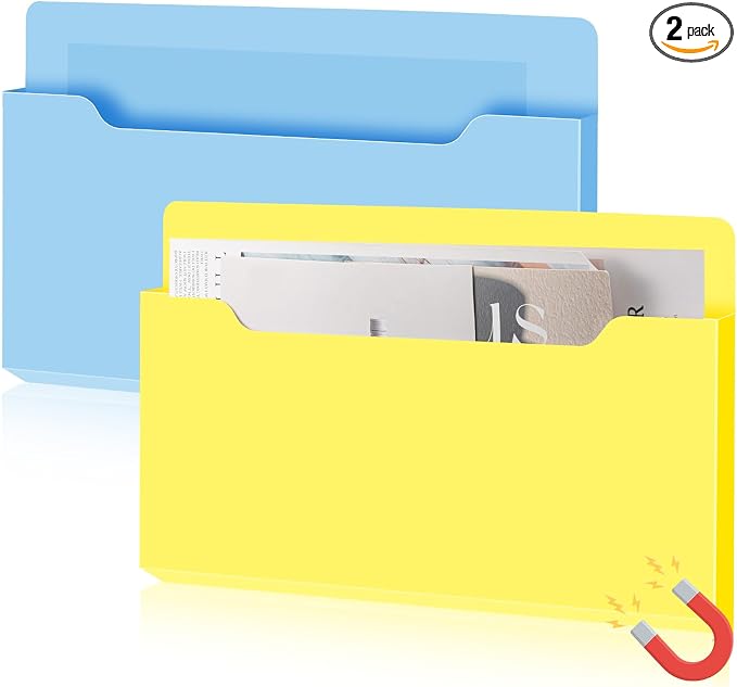 Feifeiya 2 Pcs Magnetic File Folder Wall Hanging Holder Large Pocket Paper Magazine Mail Organizer for Refrigerator Classroom Locker Whiteboard(Horizontal,Yellow Blue,13.8 x 8.3 Inches)