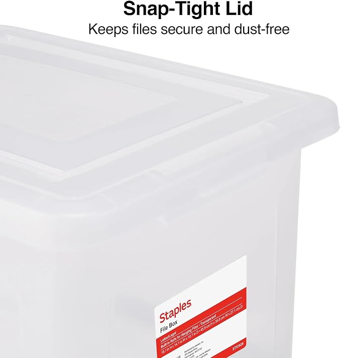 STAPLES Plastic File Box with Snap Lid, Letter/Legal Size, Clear, 2/Pack | Stackable storage box keeps hanging files organized and protected.