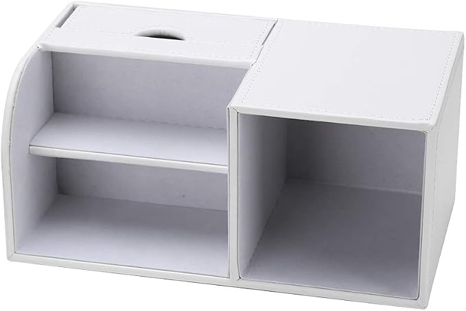 Desk Organizer Office Supplies Caddy Pu Leather Multi-function Storage Box Pen/Pencil,Cell phone, Business Name Cards Remote Control Holder with Small Drawer White