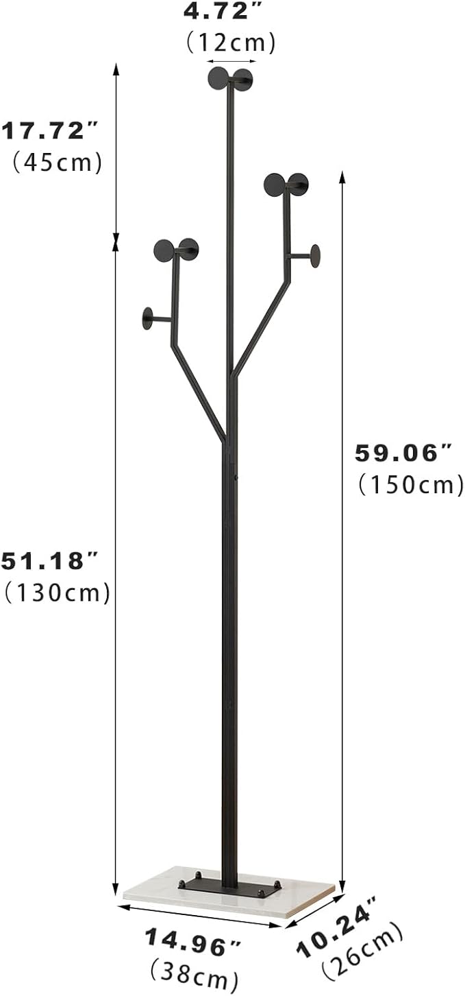 JIAYUEJU Freestanding Coat Rack Coat tree for Entryway Bedroom (Black) | Tree-shaped, Easy Assembly, Space Saver, Heavy Duty, Metal Frame, Marble Base, 8 Hooks, Living Room, Office, Corner