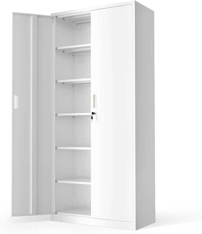 VINGLI Metal Garage Storage Cabinet with 2 Doors and 5 Adjustable Shelves, 71" Tall Steel Lockable File Cabinet, Locking Tool Cabinets for Home Office Garage Gym School (White)