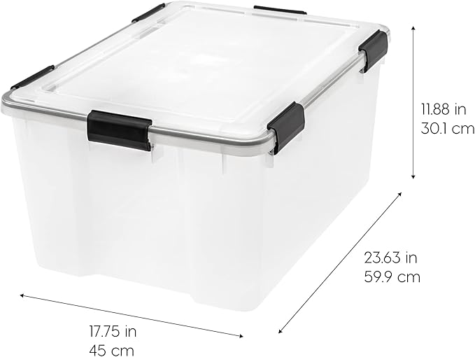 IRIS USA WeatherPro Storage Bins with Lids, 63 Qt, Gasket Seal, 2 Pack | BPA-free gasket seal helps protect documents, clothing, pet food, crafts, and household supplies from dust and moisture.