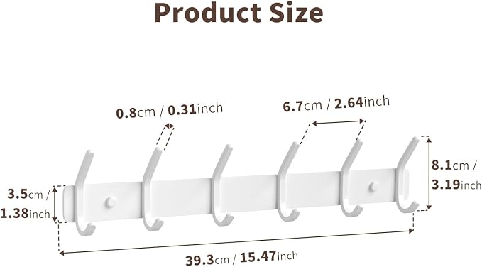 Coat Rack Wall Mount Hooks - 15 Inch White Metal 6-Hook Rack(2 Pack) | Modern Kids Room, Entryway & Bathroom Hanger for Towels, Coats, Purses, Bags