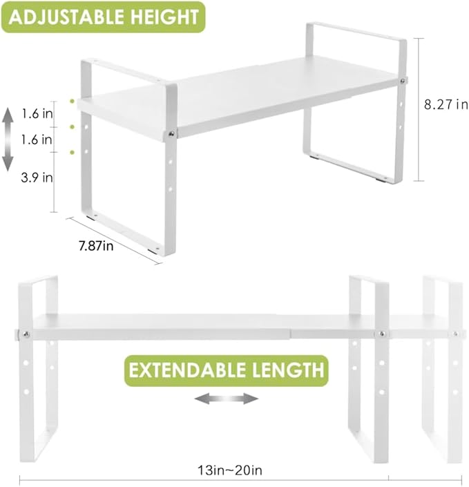 Across-Star Expandable Cabinet Shelf Organizer Rack, Stackable Kitchen Counter Storage Shelves Stand, Adjustable Height Pantry Shelf Spice Rack (White, 1 Pack)