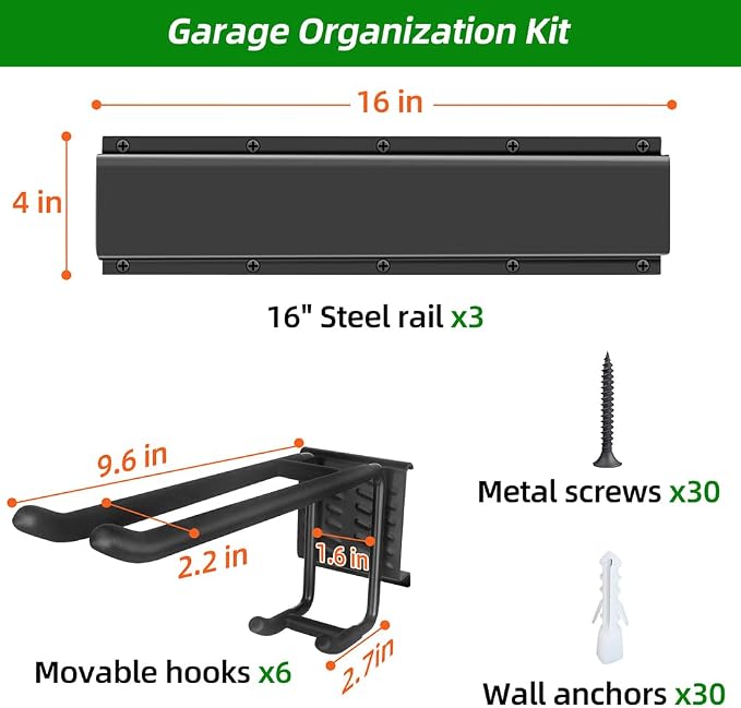 PIYILO 48 in Garage Tool Organizer Wall Mount, Adjustable Tool Storage Rack | Heavy-duty 360 LBS, Double-Layer Hooks, Wear & Tear Resistant, Soft Anti-Scratch Hook Sleeves, For Yard Tools, Shovels, Shed