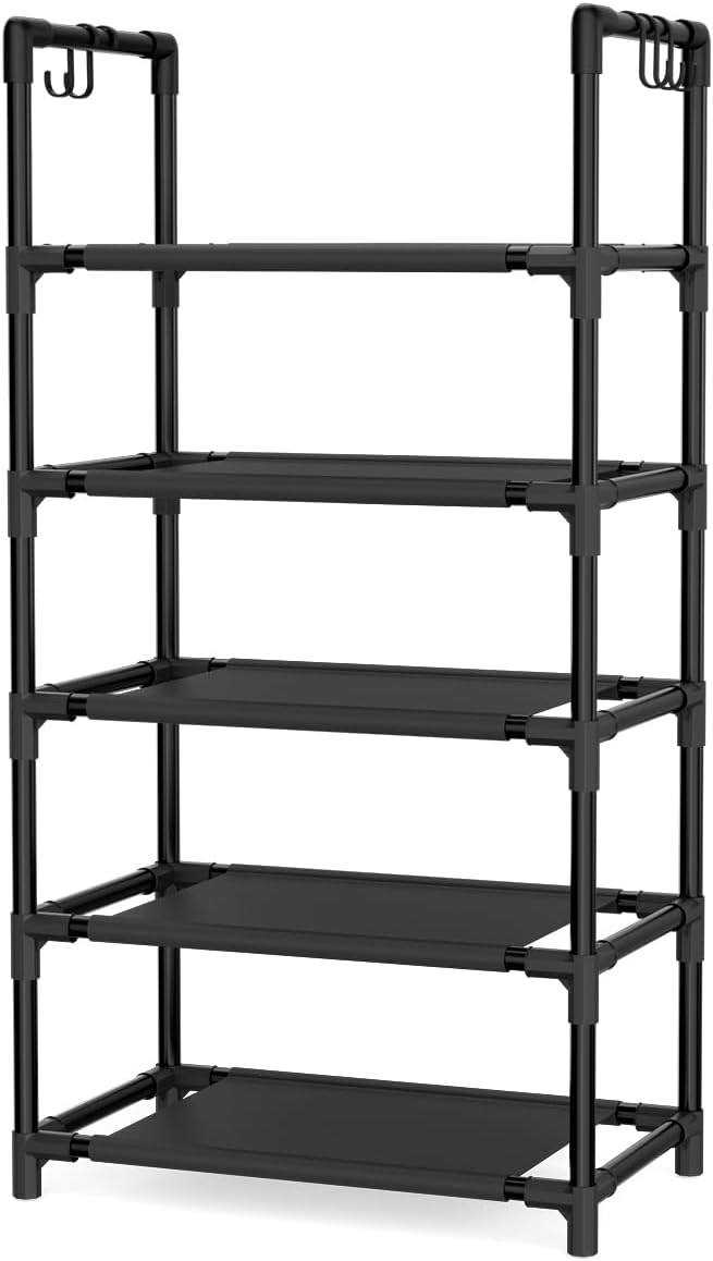 LANTEFUL 5 Tiers Shoe Rack 12-15 Pairs Boots Organizer Storage Sturdy Narrow Shoe Shelf for Entryway, Closets with Hooks, Black