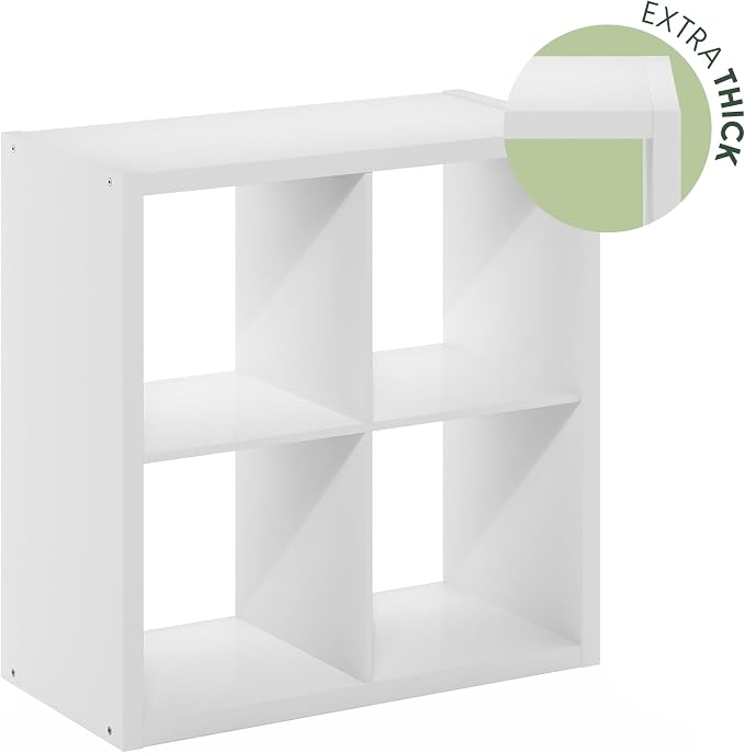 Furinno Cubicle Book Shelf Set of 2, 4-Cube Bookshelf, White | 14.6 x 30 x 30, 1.2" Thick Frame Bookcase with Reversible Open Back, for Living Room, Bedroom, Home Office