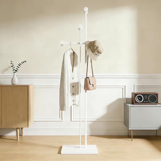 Metal Coat Rack Freestanding for Entryway (White) | Heavy Duty, Marble Base, Metal Frame, Essential Items Organizer for Clothes Bags, for Bedroom Living Room Hotel