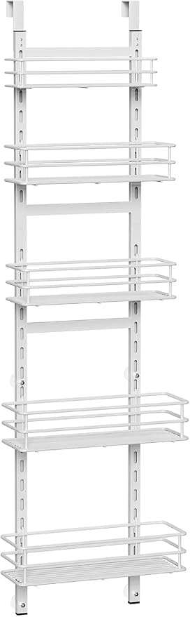 5-Tier Narrow Pantry Door Organizer,Over the Door Pantry Organizer,White | Height Adjustable Heavy Duty Hanging Metal Basket,Back of Door Organizers and Storage for Home,Kitchen,Laundry,Bathroom