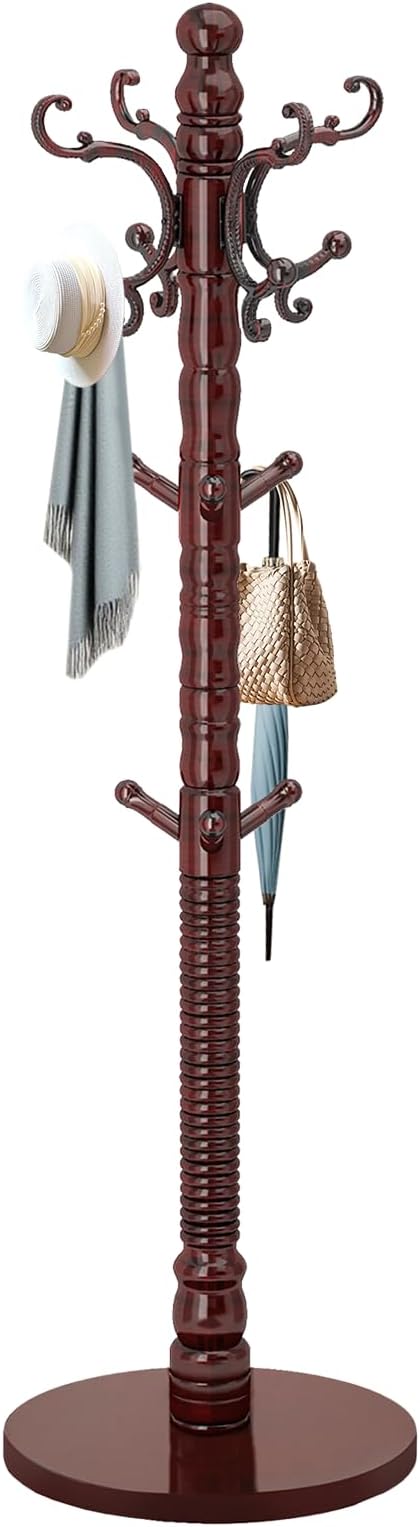 Wooden Coat Rack Stand, Solid Wood Freestanding Coat Rack, Vintage Coat Racks with 14 Hooks & Disc Base, Standing Coat Hanger Jacket Tree Stand for Office, Entryway, Hallway