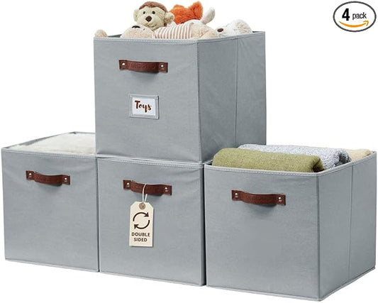 DECOMOMO Storage Bins, Storage Baskets for Shelves | 13" x 15" x 13" Storage Cube Bins with Labels for Organizing Shelves (Kallax, 4pcs, Grey)