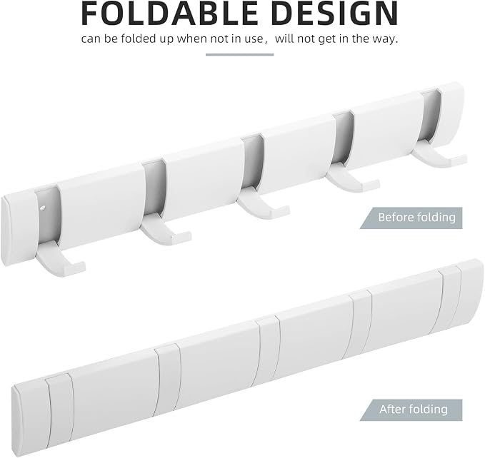 Foldable Stylish Modern Hook Rack with 5 Hooks, Coat Hooks Wall Mount, Metal Coat Hook Rail for Coat Hat Towel Purse Robes Mudroom Bathroom Entryway (White)