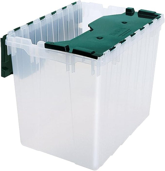 Akro-Mils KeepBox 18 Gallon Storage Container, Nesting and Stackable Plastic Storage Box with Lid Attached, Clear Tote for Garages, Closets, and Moving, 21" x 15" x 17", Clear/Green