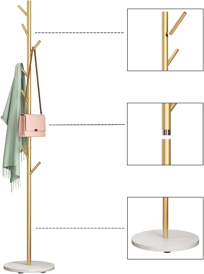 Gold Coat Racks with 8 Hooks, Branches Coat Tree Entryway, Freestanding | Modern Hat Rack, Easy to Assemble, Heavy Stable Marble Base