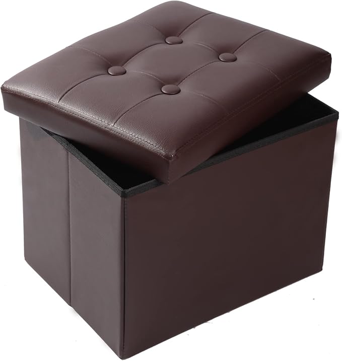 ALASDO Storage Ottoman Footrest Stool Small Ottoman with Storage Foldable Ottoman Leather Foot Rest Footstool Bench for Living Room 17x13x13inches Brown