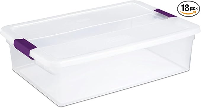 Sterilite ClearView Latch Boxes, Storage Bins with Lids, 32 Quart, 18-Pack | Clear Plastic Organizers with Color Accent Latches for Closet, Bedroom, Shelving Units, Dorm Room and Home Organization