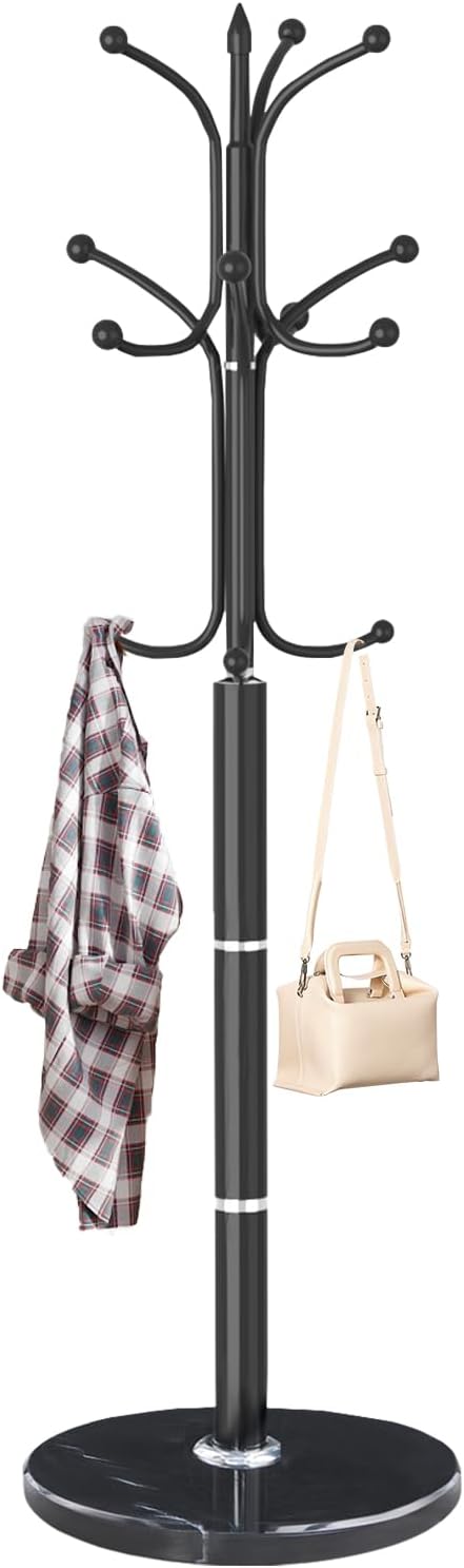 Metal Coat Rack Stand, Modern Freestanding Coat Rack with Natural Marble Base, Black Coat Racks and Coat Hall Tree Hanger Stand with 12 Hooks for Entryway, Hallway, Office