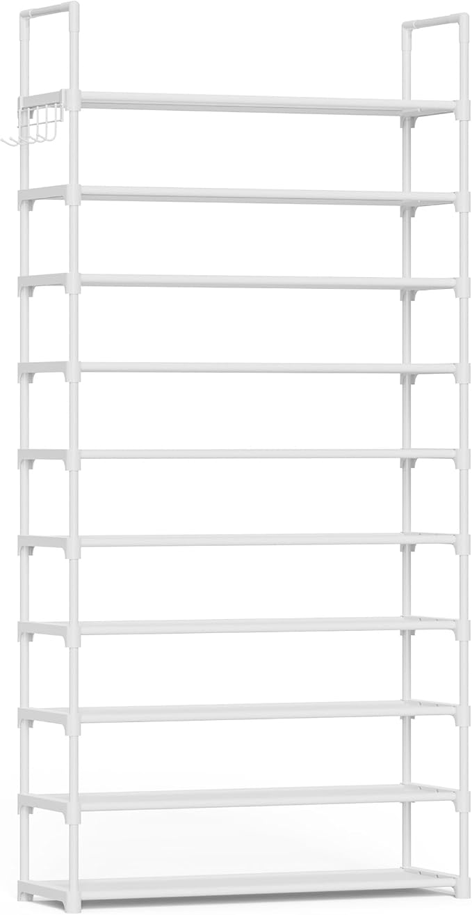 Kitsure 10 Tier Shoe Rack, Tall Shoe Organizer, 32.2" Wide, White | Large-Capacity Shoe Storage with Hooks, Shoe Shelf for Closet, Entryway, Bedroom, Living Room, Zapateras Organizer
