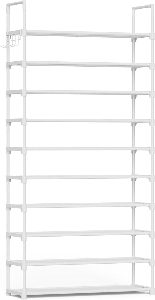 Kitsure 10 Tier Shoe Rack, Tall Shoe Organizer, 32.2" Wide, White | Large-Capacity Shoe Storage with Hooks, Shoe Shelf for Closet, Entryway, Bedroom, Living Room, Zapateras Organizer